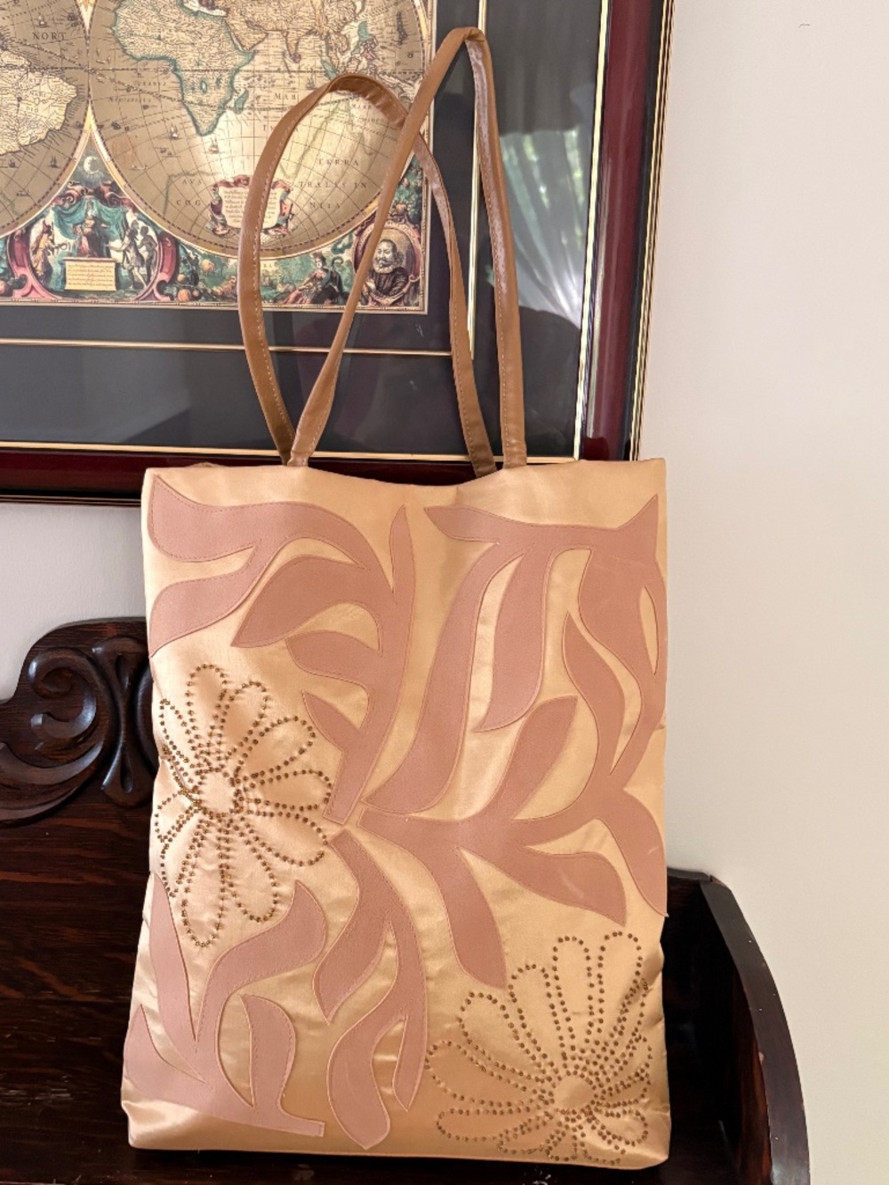 Vintage Flat Bag Coquette Satin Appliqué‎ Minimalist Tote Beaded Floral Purse